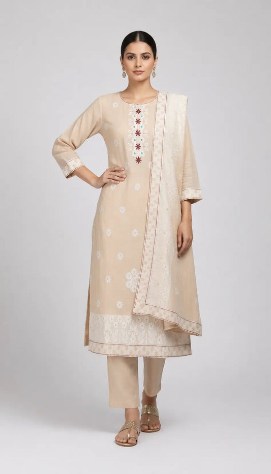 Beige Jacquard Ethnic Wear